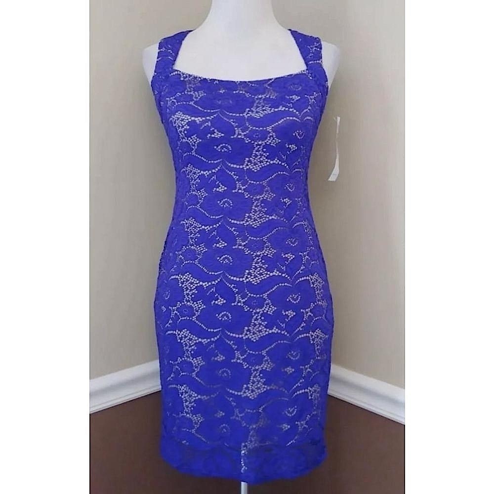 Cobalt Blue Lace Beige Lined Bodycon ModCloth Party Dress Jump Apparel Coquette